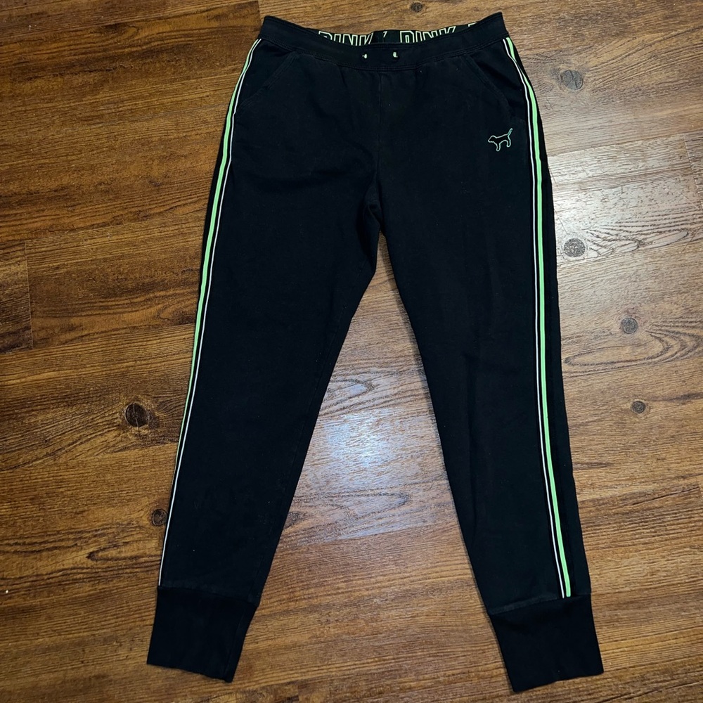 PINK Victoria's Secret Y2K Black Joggers Neon Green Logo Contrast Stripes Size S - Picture 2 of 7
